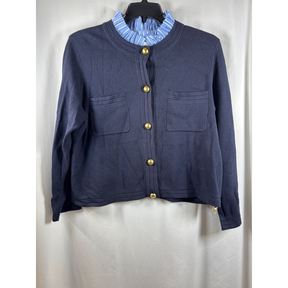 Free Assembly Womens XL Navy Blue Cardigan Gold Button Layered Striped Collar